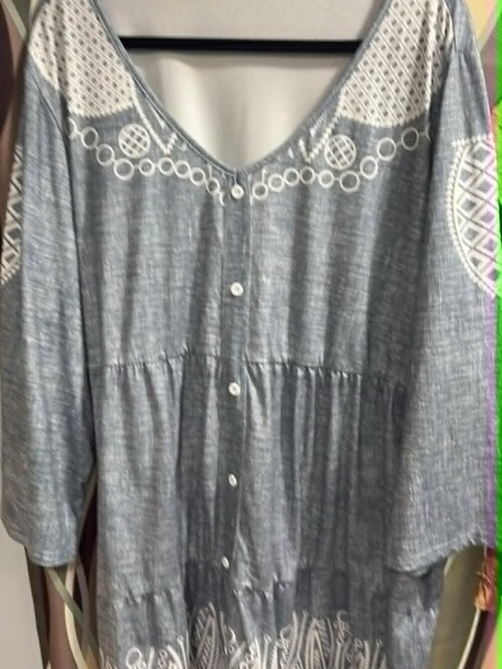 Boho Embroidered Chambray Tunic Top — Blue & White